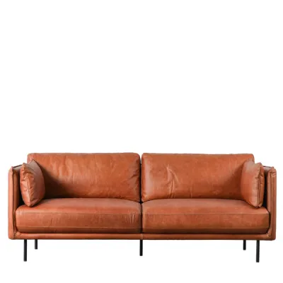 Warm Brown Leather Black Metal Legs Sofa