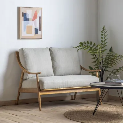 Grey Linen Fabric 2 Seater Sofa Oak Wood Frame