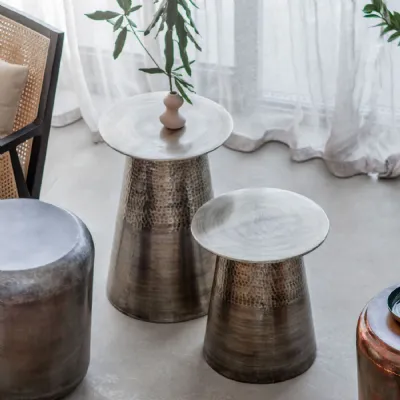 Antique Brass Hammered Metal Set of 2 Round Side Tables