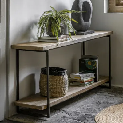 Wooden Open Display Console Hall Table Black Metal Frame