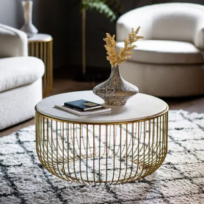 White Marble Top Round Coffee Table Gold Metal Cage Base
