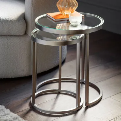 Silver Round Nest of 2 Side Tables with Glass Tops