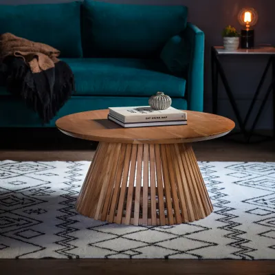 Natural Brown Wooden Round Coffee Table Slatted Base