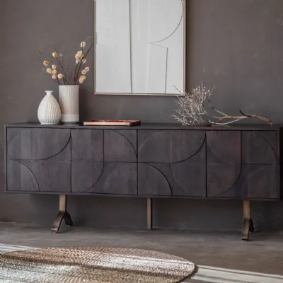 Grey Wood Retro Geometric Pattern 4 Door Sideboard