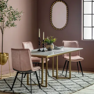 White Marble Top 6 Seater Dining Table Brass Gold Metal Base