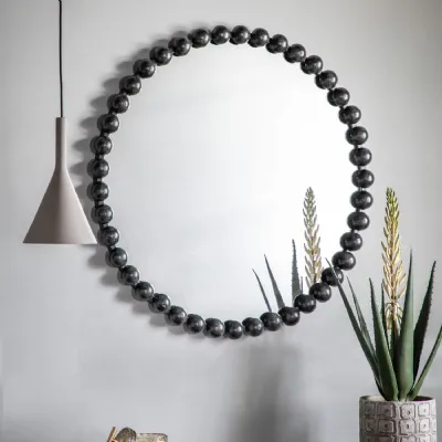 Black Beaded Framed Round Wall Mirror 80cm Diameter