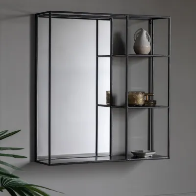 Black Metal Wall Shelving Display Unit with Mirror