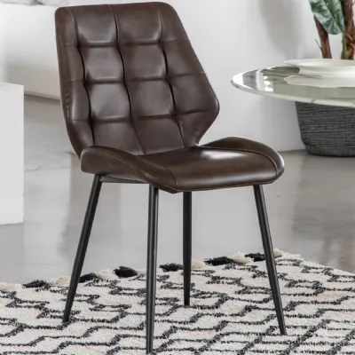Brown Leather Dining Chair Black Tapered Iron Legs
