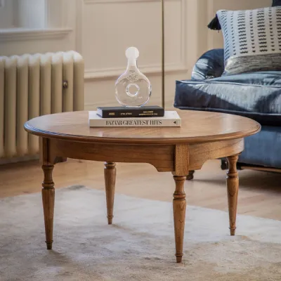 Traditional Natural Wood Round Coffee Table Marquetry Top