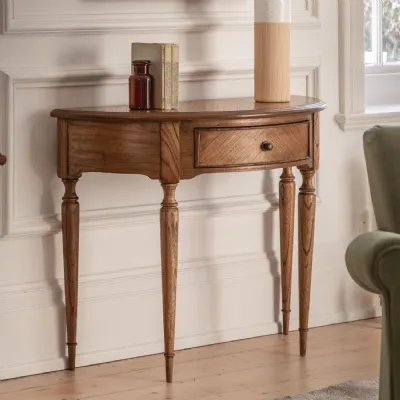 Natural Wood Half Moon Console Hall Table with Drawer