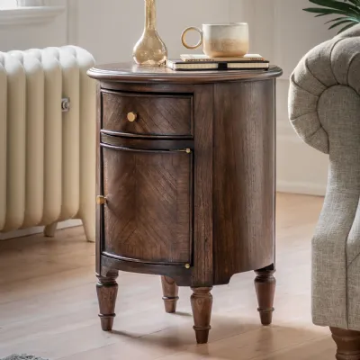 Dark Wood Round Drum Side Table with 1 Drawer 1 Door