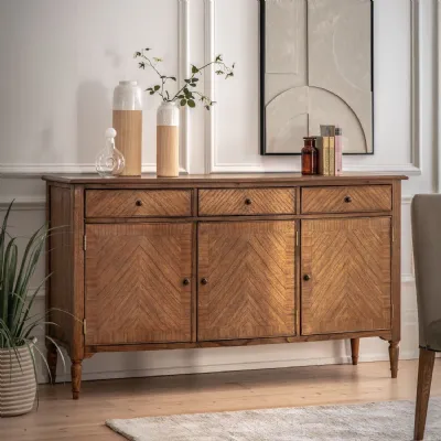 Traditional Light Brown Wood Marquetry Wide Sideboard
