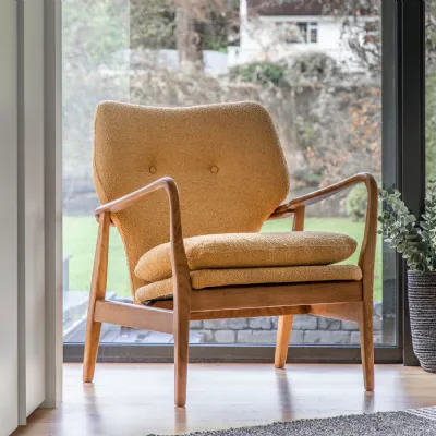 Yellow Boucle Fabric Buttoned Back Armchair with Oak Frame