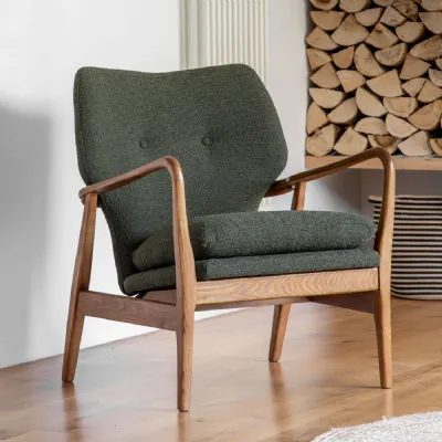 Green Boucle Fabric Buttoned Back Armchair with Oak Frame