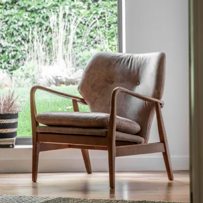 Brown Leather Buttoned Armchair with Open Oak Wood Frame