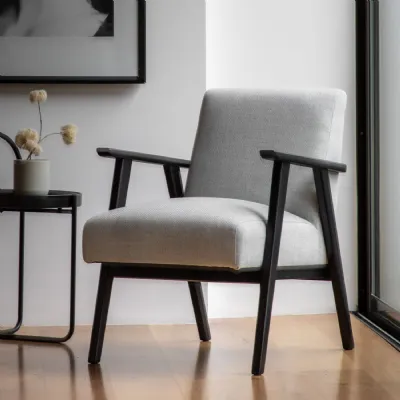 Stone White Linen Fabric Padded Armchair Black Wooden Frame