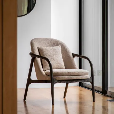 Taupe Cream Fabric Cushioned Armchair with Dark Wood Frame