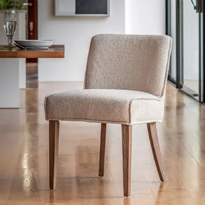 Taupe Cream Linen Fabric Dining Chair Curved Oak Legs