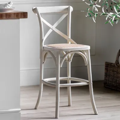 White Painted Bistro Kitchen Bar Stool with Rattan Seat