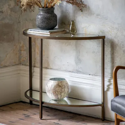 Bronze Metal Half Moon Console Table with Glass Shelves