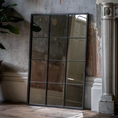 Large Black Metal Framed Rectangular Window Wall Mirror