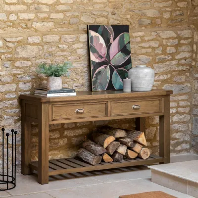 Natural Oak 2 Drawers Console Table with Lower Shelf