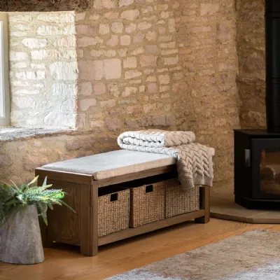 Natural Oak 2 Seater Hall Bench with 3 Storage Basket