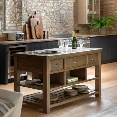 Natural Oak Marble Top 3 Drawer Kitchen Island