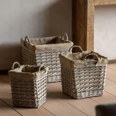Natural Willow Jute Square Lined Basket Set of 3
