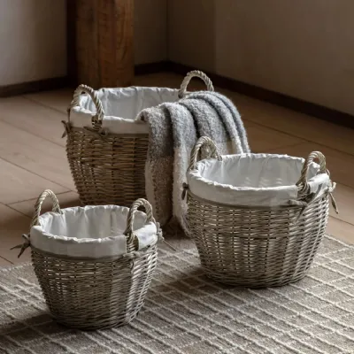 Natural Willow Jute Round Lined Basket Set of 3