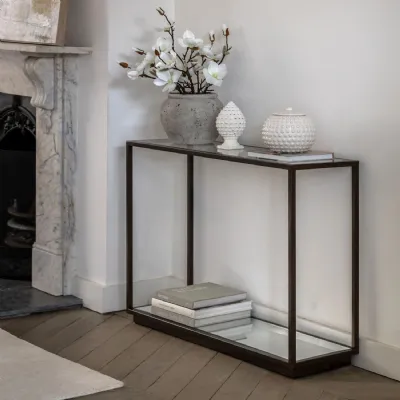 Glass Top Lower Shelf Console Table with Bronze Metal Frame