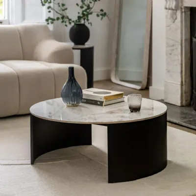 White Marble Top Round Coffee Table with Matt Black Legs