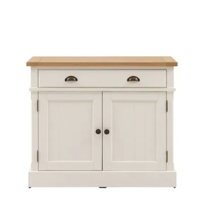 White Wooden 2 Door 1 Drawer Small Sideboard with Oak Top