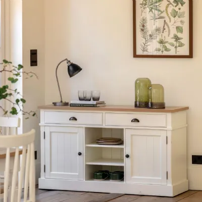 White Wooden Large 2 Door 2 Drawer Sideboard Oak Top