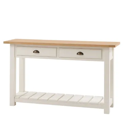 White Wooden Oak Top 2 Drawer Console Table with Lower Shelf