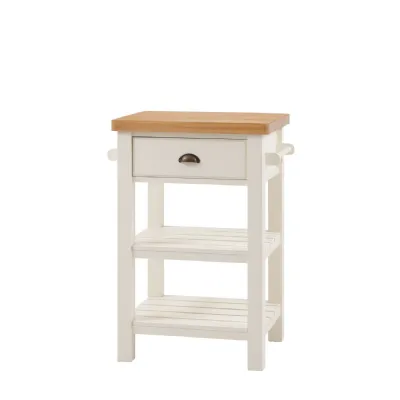 White Wooden Oak Top Butchers Block with Drawer and Shelves
