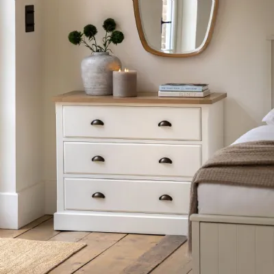 White Wooden Chest of 3 Drawers with Oak Top Country Style
