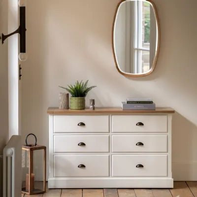 White Wooden Oak Top Chest of 6 Drawers