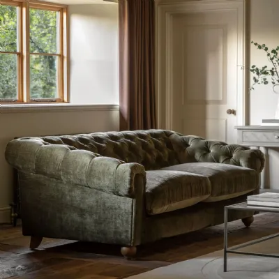 Olive Green Fabric 4 Seater Buttoned Back Chesterfield Sofa