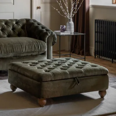 Celine Olive Fabric Buttoned Top Footstool Lift Up Storage