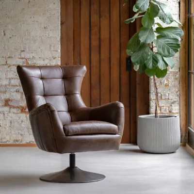 Brown Leather Pleated Back Swivel Accent Chair Metal Base