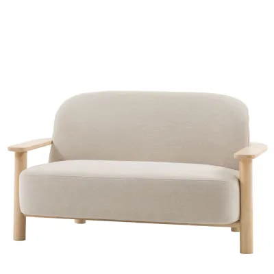 Pale Neutral Fabric 2 Seater Sofa Light Wooden Framed