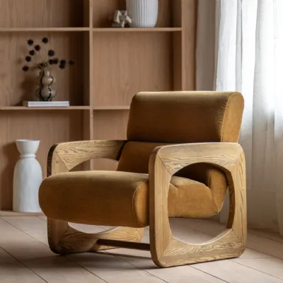 Retro Golden Fabric Armchair with Sculptural Wood Frame
