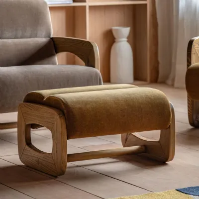 Retro Golden Fabric Footstool with Sculptural Wood Frame