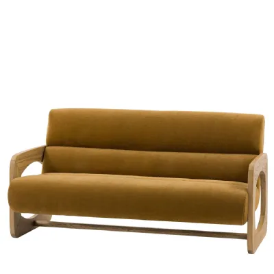 Retro Golden Fabric 3 Seater Sofa Sculptural Wooden Framed