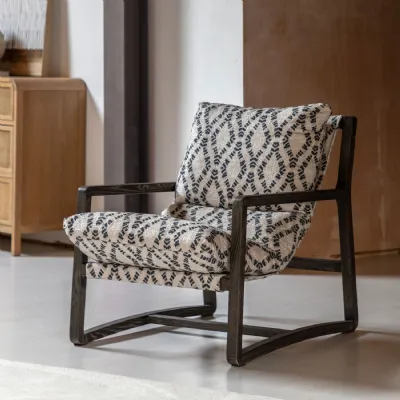 2 Tone Diamond Pattern Fabric Lounge Chair Dark Wooden Frame