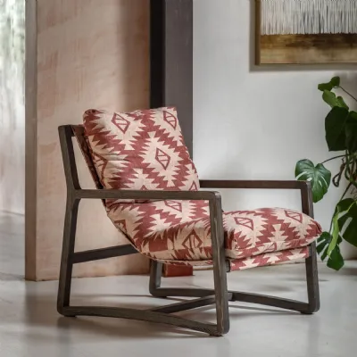 Red and Aztec 2 Tone Fabric Lounge Chair Dark Wooden Frame