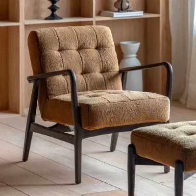 Ochre Fabric Armchair with Angled Wooden Frame