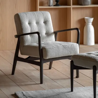 Cream Fabric Buttoned Back Armchair Angled Dark Oak Frame