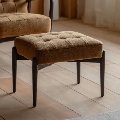 Ochre Fabric Buttoned Footstool with Dark Oak Frame